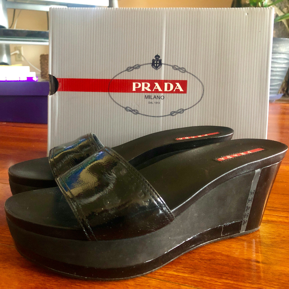 Patent leather Prada slides